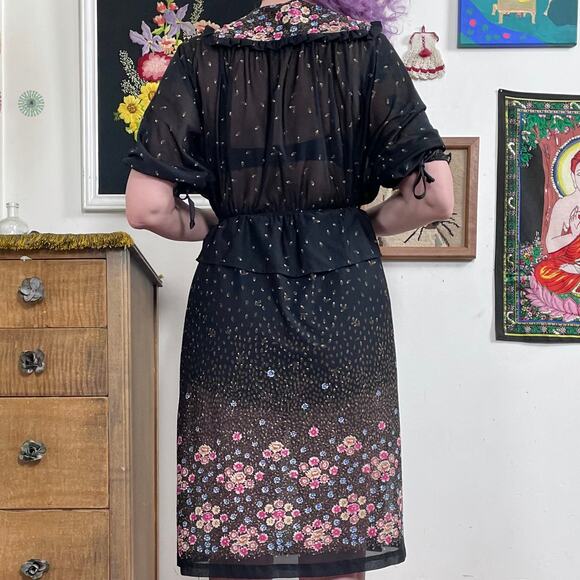 Vintage Sheer Black Floral Dress, 1970s Bohemian Fairycore Flower Print, Sz S - Picture 7 of 11